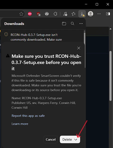 A box: Make sure you trust RCON-Hub-Setup.exe before you open it, showing the name and the publisher, with Cancel and a Delete button that has an arrow; the arrow is marked.